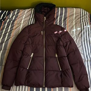 Guess Burgundy Faux Fur Collar Puffer Jacket